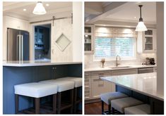 two pictures of a kitchen with white cabinets and counter tops, one has stools in front of the sink