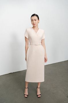 Melody Pegged V-Neck Twill Midi Dress | MEAN BLVD Stylish Midi Dress, Bow Tie Dress, Mean Blvd, Chiffon Midi Dress, A Line Shorts, Beaded Lace, How To Take Photos, Cocktail Party, Online Fashion