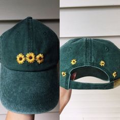 two pictures of a green hat with sunflowers embroidered on the front and back