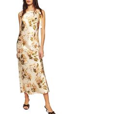 Color: Bella 52” Ties At Shoulders Chic Gold Midi Dress For Spring, Gold Floral Print Maxi Dress, Spring Fitted Gold Midi Dress, Gold Midi Dress For Spring Formal, Spring Formal Gold Maxi Dress, Gold Spring Formal Midi Dress, Spring Formal Gold Midi Dress, Beige Silk Floral Print Dress, Chic Gold Maxi Dress For Spring