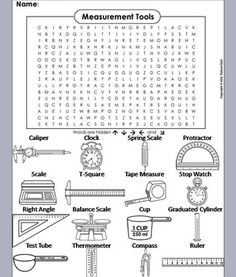 the measurement tools worksheet is shown in black and white, with words on it