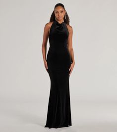 Make a mesmerizing impression in a long velvet dress that features a chic ruched halter neckline, halter neck ties, and a mermaid silhouette. Complete formal outfit with a sleek rhinestone clutch. Fit & FeaturesVelvet fabricationRuched halter necklineHalter neck tiesPartially open back, lower zipper and hook-eye closureMermaid silhouetteLong length hemRuns true to size Halter Mermaid Dress, Mermaid Dress Black, Orange Homecoming Dresses, Long Velvet Dress, Purple Homecoming Dress, Backless Dress Short, Green Homecoming Dresses, Black Tie Wedding Guests, White Homecoming Dresses