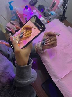 Doing Nails Aesthetic, Home Nail Salon, Nail Room, Exotic Nails, Really Cute Nails, Long Square Acrylic Nails, Bling Acrylic Nails