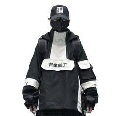 -USA Sizing-Male Model is: 5 feet 11 inches or 180 cm and is 167 lbs or 75.7 kg and is wearing size L for oversized look and M for regular fit. -Functional pockets -Nylon straps with buckles -Double half zip fastening -Embroidery Japanese Kanji designs with translation of "Urban Heavy Industries" -The jacket prevents rain water from getting in and being fully water resistant. Urban Windproof Hoodie Outerwear, Hooded Windbreaker With Pockets For Streetwear, Urban Style Hooded Sports Jacket With Pockets, Techwear Long Sleeve Track Jacket For Outdoor Activities, Urban Hooded Windbreaker For Cold Weather, Techwear Track Jacket For Outdoor, Techwear Track Jacket For Outdoor Activities, Windbreaker With Detachable Hood For Cold Weather, Half-zip Winter Outerwear For Outdoor Activities