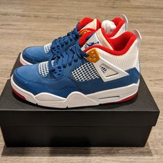 Brand New In Hand. Sporty Air Jordan 4 With Red Sole, Blue Air Jordan 4 Sports Shoes With Branded Insole, Sporty Air Jordan 4 Running Shoes With Round Toe, Custom Cushioned Sneakers For Sports, Sporty Air Jordan 4 Low-top With White Sole, Sporty Air Jordan 4 With Breathable White Sole, Sporty Blue Jordan Shoes For Training, Casual Blue Custom Sneakers For Training, Blue Air Jordan 4 With Branded Insole For Sports