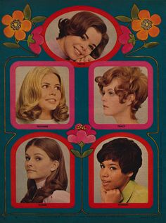 an old magazine cover with four women in the same frame and flowers on it's sides