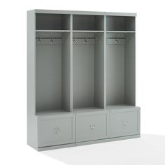 an empty gray locker with three drawers and two coats hanging on the doors, in front of a white background