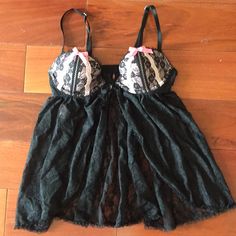 Pink And Black Lace Babydoll Super Cute, Has An Opening In The Front, Perfect Condition, Never Worn! Size 34b, Adjustable Straps, Tiny Little Pink Bows Lingerie Top, Pink Bows, Lace Babydoll, Babydoll Lingerie, Pink And Black, Pink Bow, Victoria's Secret Pink, Secret Pink, Women's Intimates