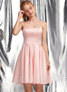 A-Line Square Short/Mini Satin Prom Dresses (018254568) - JJ's House Short Prom Dresses For Teens Simple, Grad Dresses Year 6, Short Grade 8 Grad Dresses, What Dress To Wear Body Types, Year 6 Formal Dresses, Knee Length Hoco Dresses, Conformation Outfit, 7th Grade Dance Dresses Middle School, Pink Sweet 16 Dresses Short