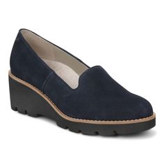 a women's blue shoe with black soles