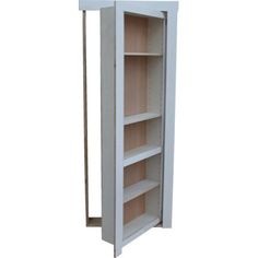 an open white cabinet with shelves on both sides