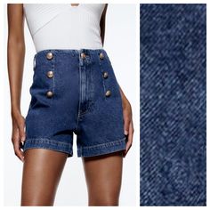 Nwt. Zara Blue Z1975 Denim High Rise Shorts With Decorative Golden Buttons On The Front, Patch Pockets On The Back, Zipper And Button Closure. Size 12. Ref. 6147/082. Waist 15,5" Flat, Rise 13", Inseam 4". C. Dark Wash Short Leg Denim Jeans, Denim Blue Short Length Jeans With Belt Loops, Denim Jeans With Belt Loops And Short Legs, Chic Short Length Denim Jeans, Blue Short Jeans With Belt Loops, Blue High-rise Jean Shorts With Belt Loops, Blue Denim Shorts With Belt Loops, High Rise Denim Shorts With Belt Loops, Dark Wash Denim Shorts With Belt Loops