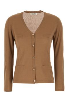 Cardigan realized in pure virgin wool. -V neckline -Buttons closureComposition: Exterior: 100% Virgin wool Fitted Cashmere V-neck Sweater For Work, Elegant Brown V-neck Sweater, Classic Fitted Cardigan For Office, Classic Brown Cardigan For Work, Brown V-neck Cardigan For Work, Wool V-neck Cardigan For Formal Occasions, Elegant V-neck Sweater For Work, Elegant Brown Merino Wool Cardigan, Fitted Merino Wool Cardigan For Work