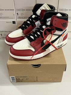 This is a pair of Jordan 1 Retro OG x Off-White High Chicago sneakers in size 9.5. The sneakers come with the original box and are in perfect condition. They feature a high top shoe shaft style and are designed in a striking red color with white accents. The sneakers are part of the Air Jordan product line and were released in 2017. They are a must-have for any sneaker collector, especially those who appreciate the Jordan brand and the unique collaboration with Off-White. Jordan 4 Travis Scott, Jordan 6 Travis Scott, Air Max 1 Og, Off White Jordan 1, Best Nike Sneakers, Air Jordan 1 Chicago, Sneaker Closet, Sneaker Website, Jordan 4 White