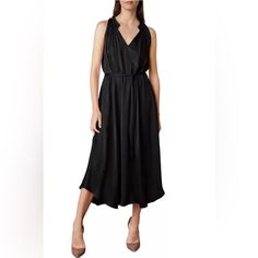 Velvet By Graham & Spencer Sleeveless Midi Dress, Black Size Xl New With Tag Retail $257.00 Details: - V-Neck - Sleeveless - No Sash Belt - Midi Silhouette - Pullover Style Made In Usa Two 100% Viscose Machine Wash Fits True To Size Designed To Hit At Mid Calf Approx. 46" From Back Of Neck To Hem, Based On A Size Small Model Measurements: 5'10" Height, 33.5" Bust, 23.5" Waist, 34.5" Hips, Wearing A Size Small 004 Black Halter Neck Dress For Workwear, Sleeveless Evening Dress In Viscose, Sleeveless Viscose Maxi Dress For Evening, Sleeveless Viscose Maxi Dress For Night Out, Sleeveless Viscose Midi Party Dress, Chic Halter Neck Sleeveless Dress For Daywear, Sleeveless Viscose Party Dress, Sleeveless Viscose Cocktail Dress, Sleeveless Viscose Maxi Dress For Work