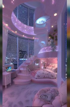 this bedroom is decorated in pink and white with lots of lights on the ceiling,