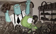 an animated character holding up a barbell in front of another cartoon character wearing a suit and tie