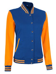 a women's jacket with an orange and blue color blocking on the sleeves,