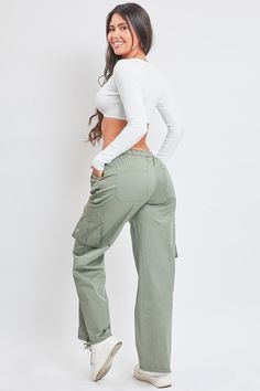 It’s giving utility but make it cute! Get things done in our Women’s Mid-Rise Cargo Pants – these pull-on trousers are so good, you’ll never want to pull them off. Designed to be comfortable with a still-flattering silhouette, this mid-waist pant features a hint of stretch and a straight leg. Detailed with a drawstring hem for option to wear open or tied for a cinched ankle. Pair with a cropped tank and sneakers for a fun sporty vibe. Product Details:- Mid-Rise- Elasticized Waistband with Drawst Spring Green Cargo Work Pants, Green Stretch Utility Cargo Pants, Spring Khaki Utility Work Pants, Versatile Green Cargo Pants For Spring, Green Cargo Pants With Elastic Waistband For Fall, Green Elastic Waistband Cargo Pants For Fall, Mid Waist Pants, Ymi Jeans, Silver Cloud