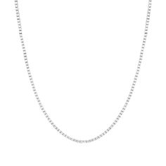 18K White Gold 3.30 Total Diamond Carat Weight Stone Count: 226 Round Diamonds 17 Inch Total Chain Length Secure Box Hinge Clasp Classic Silver Tennis Necklace With Box Chain, White Gold Diamond Cut Chain Necklace Gift, Classic Formal Tennis Necklace With Box Chain, Classic Box Chain Tennis Necklace For Formal Occasions, Formal White Necklace With Box Chain, White Gold Tennis Necklace With Box Chain, Silver Round Tennis Necklace With Box Chain, Silver Tennis Necklace With Box Chain, Formal Silver Tennis Necklace With Box Chain