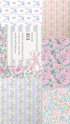 four different patterns of fabric with flowers and ribbons on the front, one is pink