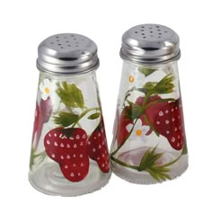 two glass salt and pepper shakers with strawberries painted on the front one has flowers