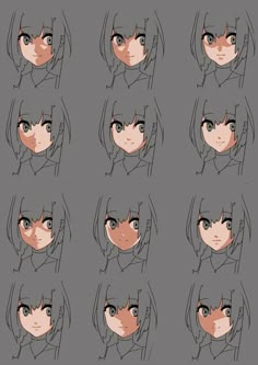 an anime character's face with many different expressions and hair styles, including the eyes