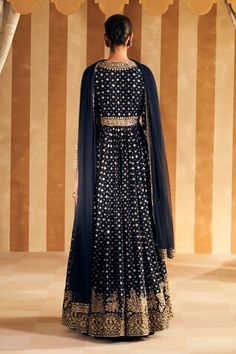 Navy blue full sleeves Aliya cut anarkali with Gulshan embroidery all over using gota, cutdana sequin and pearl highlights. Paired with an embroidered border dupatta. - Aza Fashions Long Sleeve Cutdana Choli For Eid, Long Sleeve Churidar For Reception, Blue Long Sleeve Choli With Dupatta, Long Sleeve Salwar Kameez For Navratri Reception, Long Sleeve Churidar With Cutdana For Reception, Blue Long Sleeve Anarkali Set With Zari Work, Long Sleeve Blue Anarkali Set For Festivals, Blue Long Sleeve Anarkali Set For Festivals, Long Sleeve Salwar Kameez With Pallu For Reception