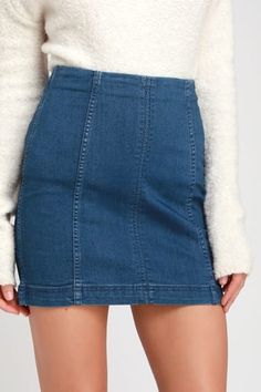 Maxi Skirt, Pencil Skirts, Denim Skirt & Mini Skirts | Lulus Blue Mini Denim Skirt For Fall, Fitted Blue Denim Skirt For Fall, Fall Blue Denim Mini Skirt, Distressed Denim Skirt, Jean Mini Skirts, Free People Skirt, Stretch Skirt, Free People Denim, Leather Mini Skirts