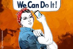 a woman holding a cell phone in front of a sign that says we can do it