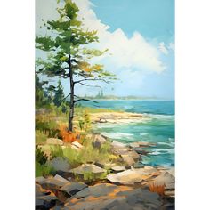 an oil painting of a rocky shore with trees and water in the background on a sunny day