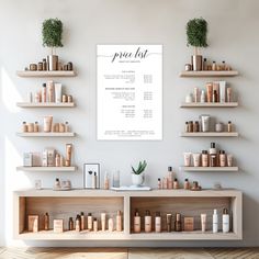 a wall with shelves filled with different types of products