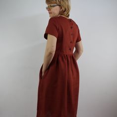 "Spring dress, Write the selected color in the message Handmade maroon dress with short sleeves and 2 pockets , perfect for casual wear and suitable for any occasion in any season Details: - 100% natural linen produced in Europe ; - medium weight (180 gram per square meter); - color: cinnamon, could be any from our colors catalog (color samples at the photo); Made to order, approximately a few days, If you have any questions please message me and I will be glad to answer. Size guide : Size XS Bu Red Linen Short Sleeve Dress For Summer, Short Sleeve Linen Dress With Pockets For Work, Red Short Sleeve Linen Dress For Summer, Brown Short Sleeve Midi Dress For Daywear, Brown Daywear Dress With Pockets, Brown Short Sleeve Day Dress, Red Linen Short Sleeve Dress, Brown Linen Dresses With Pockets, Red Linen Dress With Short Sleeves