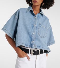 Summer Cropped Cotton Denim Jacket, Trendy Cropped Denim Top With Pockets, Cropped Denim Top With Pockets, Relaxed Fit, Cropped Cotton Denim Jacket For Summer, Summer Cotton Denim Jacket With Buttoned Pockets, Spring Cropped Button-up Shirt With Pockets, Cotton Cropped Shirt With Pockets, Trendy Relaxed Fit Cropped Shirt With Buttons, Medium Wash Cotton Denim Top With Buttoned Pockets