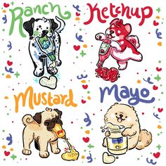 four different stickers with dogs on them and words that say, french reteup, museum, mayoe