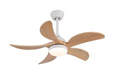 a white ceiling fan with wooden blades and a light on the top, against a white background