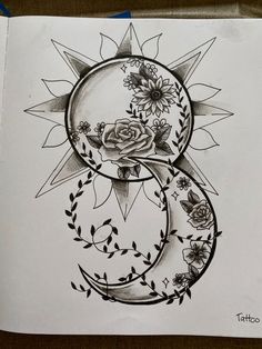 a drawing of the letter c with flowers and stars on it, in black ink