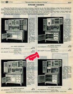 an old advertisement for kitchen cabinets with instructions on the front and back side, showing different styles