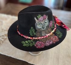 poly/wool hat hand burned with owl and floral pattern. Hand colored and hand made  woven band. Adjustable and nice quality. Deep black color ... fun for any event, awesome gift! Custom Handmade Black Hat Bands, Handmade Black Western Felt Hat, Handmade Black Felt Hat With Flat Brim, Custom Handmade Black Felt Hat, Custom Black Handmade Felt Hat, Handmade Black Fedora With Curved Brim, Handmade Black Fedora With Flat Brim, Handmade Black Felt Hat For Winter, Handmade Adjustable Fedora As A Gift