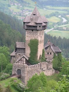 an old castle with ivy growing on it's walls in the middle of a forest