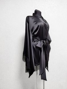 Silk kimono robe Silk kimono satin robe Black silk kimono | Etsy Satin Robe With Kimono Sleeves For Party, Fitted Satin Night Robe, Fitted Satin Evening Robe, Elegant Long Kimono With Lace Trim, Satin Robe With Kimono Sleeves For Evening, Evening Satin Robe With Kimono Sleeves, Elegant Long Lace Kimono, Elegant Long Lace Trim Kimono, Black Long Sleeve Robe For Wedding Night