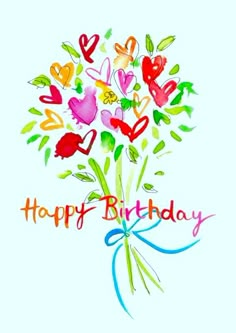 a happy birthday card with colorful flowers and hearts on the front, tied in a blue ribbon