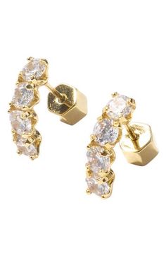 A gently curved silhouette makes these cubic zirconia stud earrings perfectly cup you lobes. 18k-gold plate/cubic zirconia Imported Gold Cubic Zirconia Ear Climbers With Prong Setting, Gold Cubic Zirconia Ear Climbers For Formal Occasions, Gold Cubic Zirconia Ear Climbers For Formal Events, Formal Gold Cubic Zirconia Ear Climbers, Elegant Gold Cubic Zirconia Ear Climbers, Earrings In Gold, Diamond Earrings, Cubic Zirconia, 18k Gold