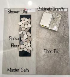 a bathroom wall with two different types of stones on it and the same type of floor tile