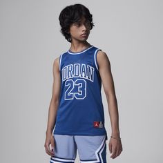 Wear the jersey with the name and number of the best to ever play the game, Michael Jordan. This jersey, made of breathable mesh fabric, is comfy enough for a pick-up game with friends or styled with a pair of jeans for a dope streetwear look. Varsity Style Blue Jersey For Sports Events, College Sports Fan Blue Jersey, Blue Cotton Jersey For Game Day, College Blue Jersey With Team Logo, Sporty Blue Baseball Jersey For Game Day, Blue Sporty Baseball Jersey For Game Day, Casual Blue Baseball Jersey For Game Day, Sporty Team-colored Basketball Jersey, Sporty Blue Cotton Baseball Jersey