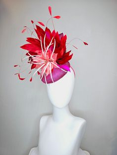 Gorgeous Kentucky Derby hat fascinator  kentucky derby hat fascinator purple magenta sinamay with coral  orange and white feather flowers with bright red feathers  headband attachment each hat is totally one of a kind! no two are alike! I can probably add feathers, flowers etc to existing hats for a small fee. I cannot remove anything from existing hats. Just message me and see if we can make it work! :) I cannot make custom order from scratch. My schedule is unfortunately too crazy :( *All hats Orange Fascinators, Large Brim Hat, Derby Hats Fascinators, Types Of Hats, Red Feather, Feather Headband, Feather Flower, Kentucky Derby Hat, Coral Orange