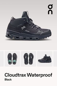 Outdoor tech meets city style with this versatile boot. Now with a waterproof membrane to make more outer spaces yours | On Women's Cloudtrax Waterproof Hiking Shoe in Black, Size: 41. Mixed outdoor activities, versatile, waterproof Hiking. Performance Outdoor Waterproof Hiking Shoes, Hiking Shoe, Hiking Boot, City Style, City Streets, Hiking Shoes, Hiking Boots, Outdoor Activities, Black Shoes