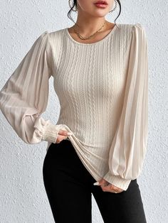 Pleated Puff Sleeve Round Neck Blouse - Body By J'ne Beige Top Outfit, Top Shapes, Round Neck Blouse, Fall 24, Top Outfit, Beige Top, Round Neck Tops, Fashion Seasons, Lantern Sleeves