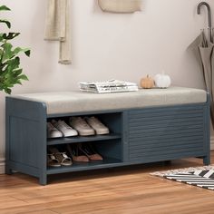 a shoe rack with shoes on it next to a potted plant