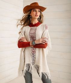 Sterling & Stitch Fringe Poncho Sweater - One Size - Cream , Women's Cream Destructed open weave sweater Bust measures 58 Body length 25 One size fits most. 72% Cotton 28% Polyester. Machine wash cold with like colors gentle cycle. Only non-chlorine bleach when needed. Lay flat to dry. Cool iron if necessary.. Measurements: Bust -Fullest part of bust with arms at sides. Waist -Circumference of natural waist: above belly button below rib cage. Hips -Standing with feet together fullest part of hip Bohemian Cream Poncho With Fringe, Long Sleeve Fringe Poncho, Cozy Winter Poncho With Fringe, Beige Long Sleeve Sweater With Fringe, Country Western Fashion, Open Weave Sweater, Casual V-neck Top With Fringe, Fringed Poncho, Open Weave